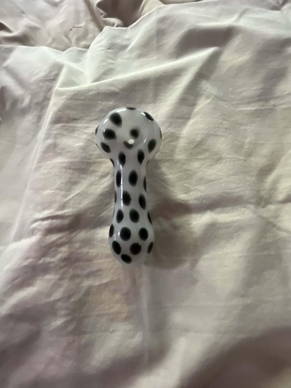 Hand-Blown Glass Spoon Piece with Dalmatian Black and White Polka Dot Pattern